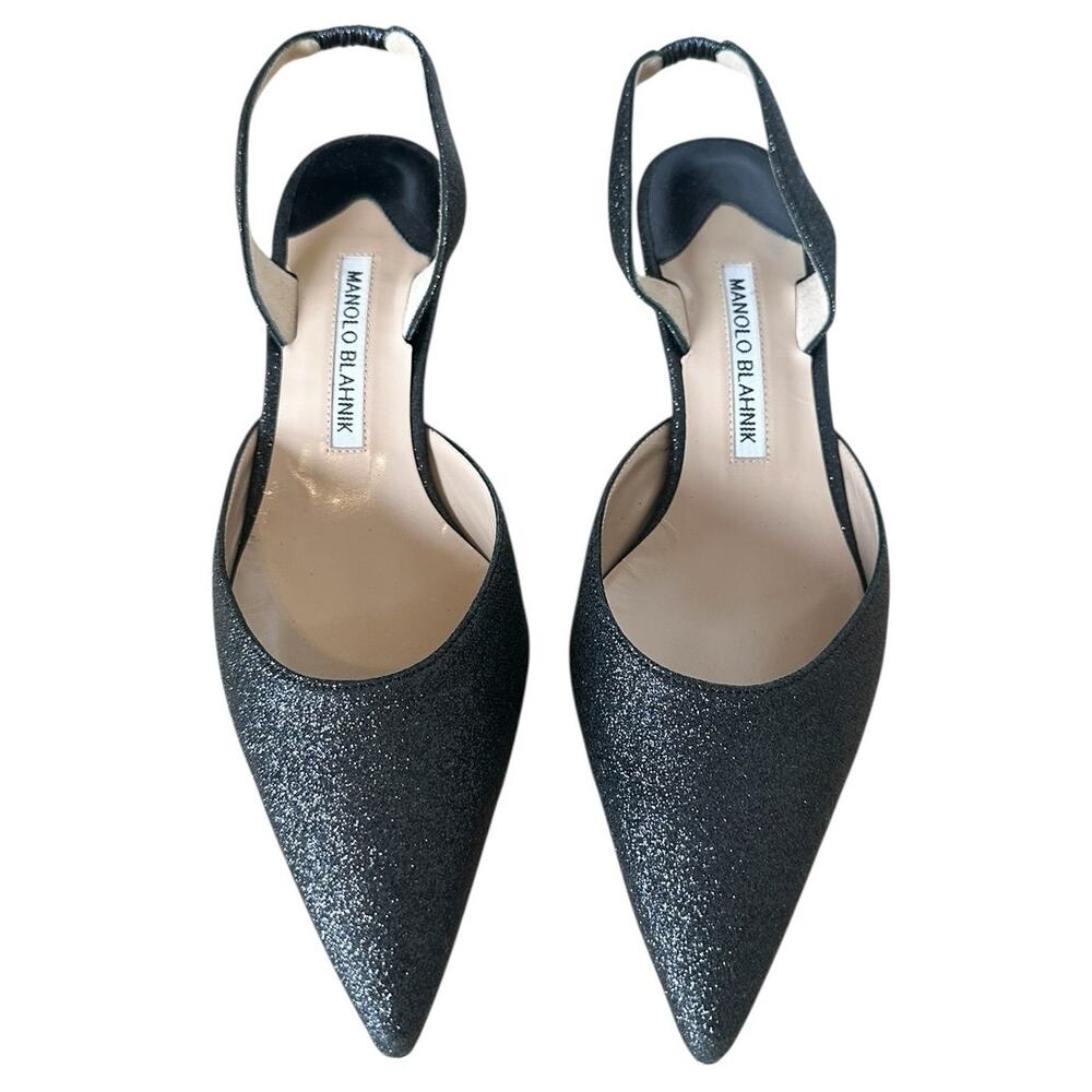 Manolo Blahnik Carolyne 50 Black Glitter Leather Slingback Pumps EU 38.5